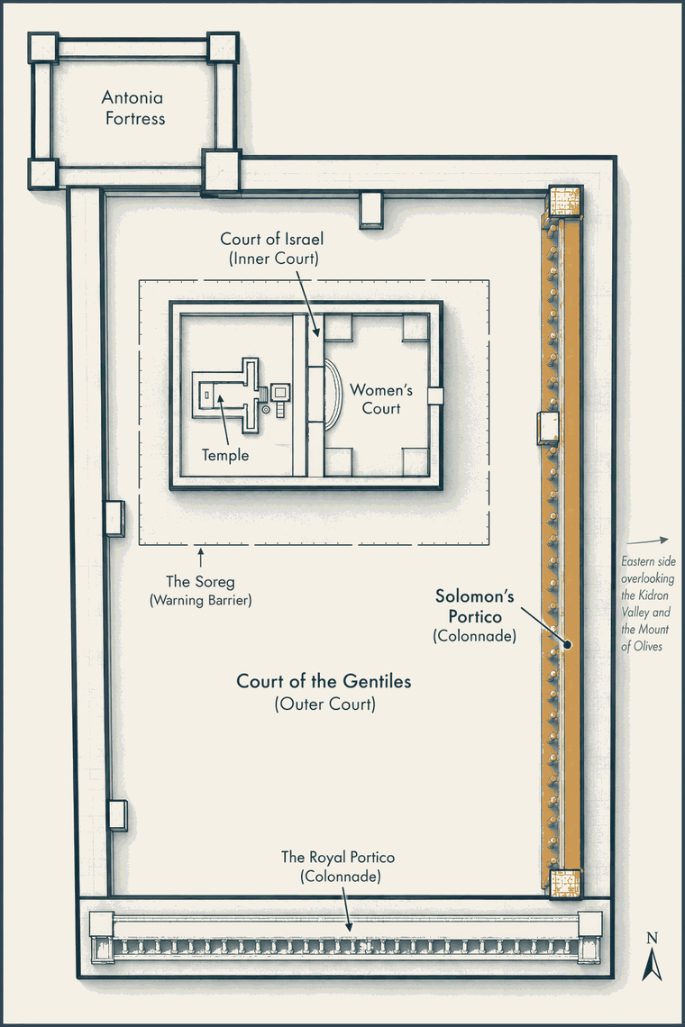Plan of the Jerusalem temple complex. Solomon&rsquo;s Portico is the covered colonnade running the full length of the eastern wall.